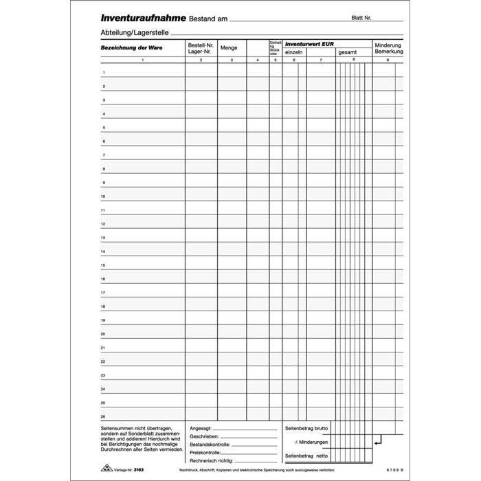 RNK Inventuraufnahme-Block DIN A4 50 Blatt