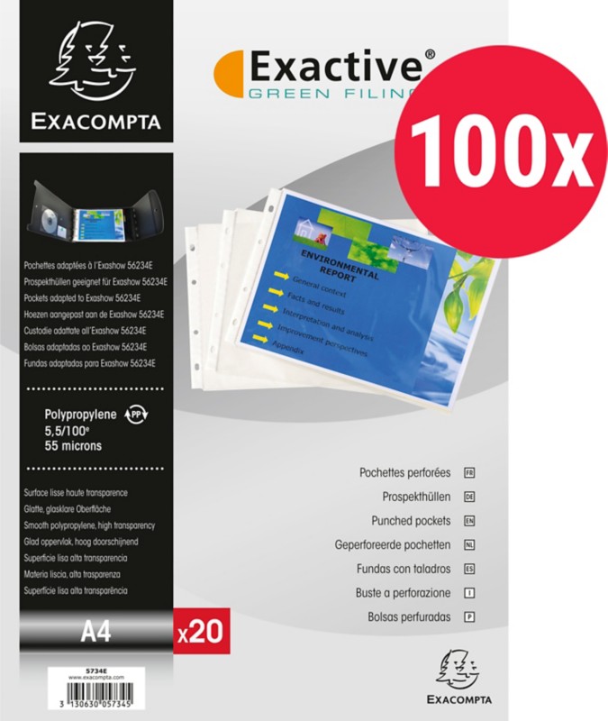 Exacompta Exactive Prospekthüllen DIN A4 Glasklar Transparent 55 Mikron PP (Polypropylen) Oben 4 Löcher 5734E 100 Stück