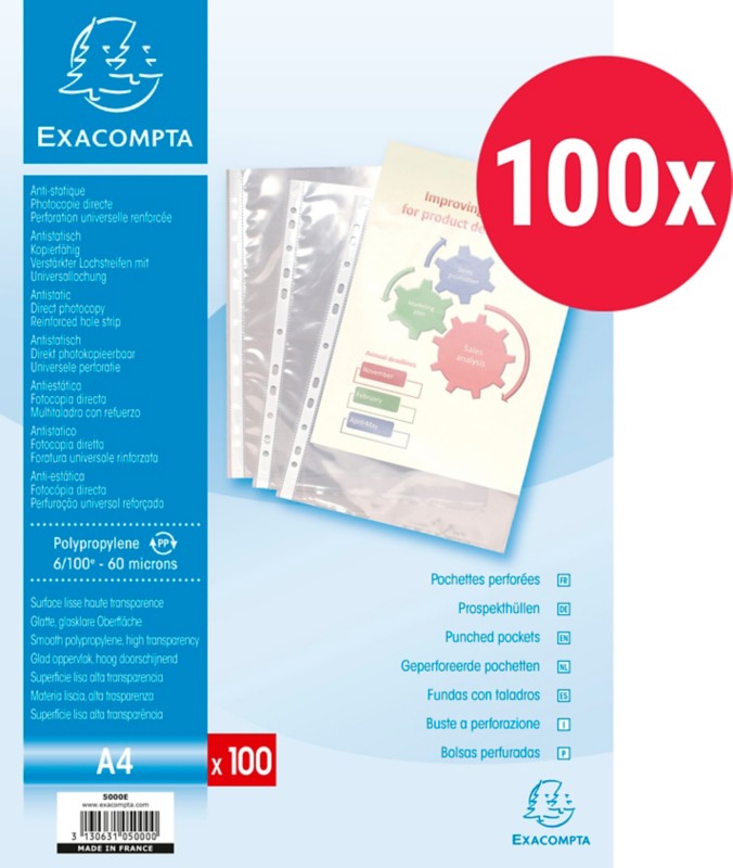 Thumbnail - Exacompta Prospekthüllen DIN A4 Glasklar Transparent 60 Mikron PP (Polypropylen) Oben 11 Löcher 5000E 100 Stück