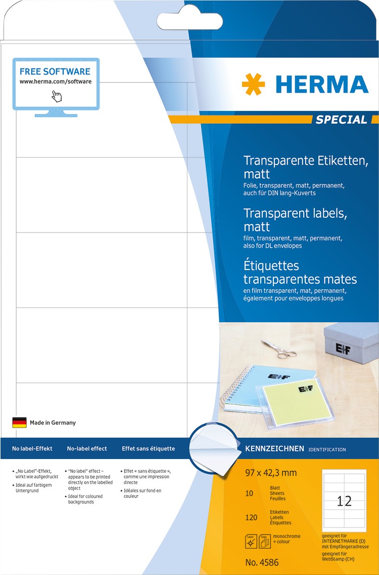 HERMA Transparente Etiketten 4586 Rechteckig DIN A4 97 x 42,3 mm 10 Blatt à 12 Etiketten
