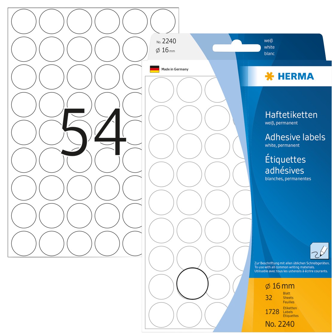 HERMA Mehrzwecketiketten 2240 Weiß Rund Ø 16 mm 32 Blatt à 54 Etiketten 1060218