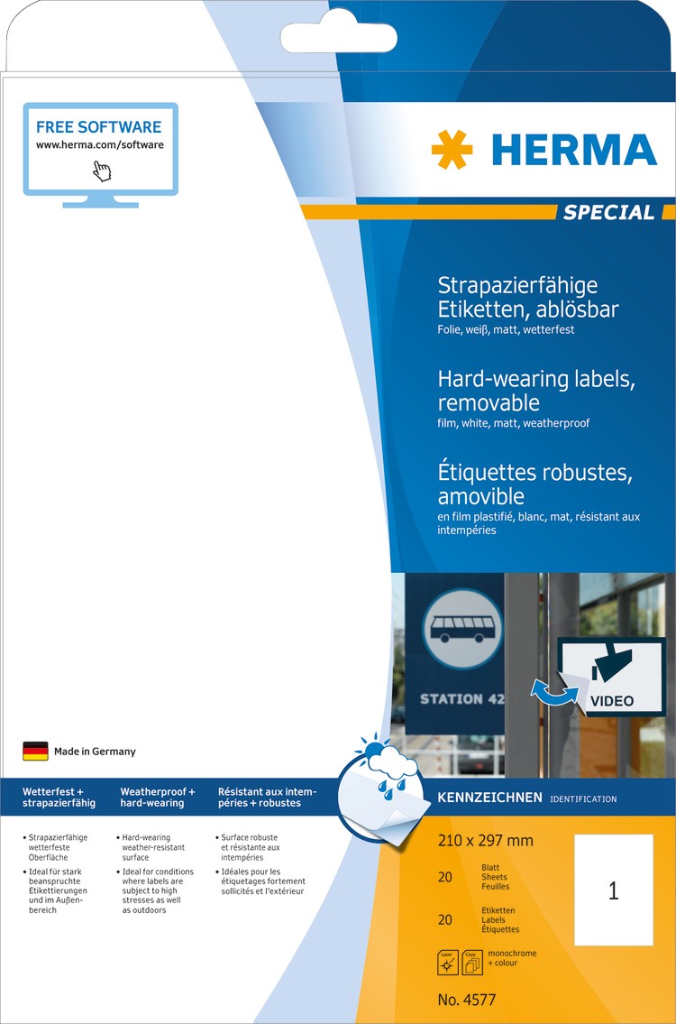 HERMA Wetterfeste Etiketten 4577 DIN A4 Weiß Rechteckig 210 x 297 mm 20 Blatt à 1 Etikett