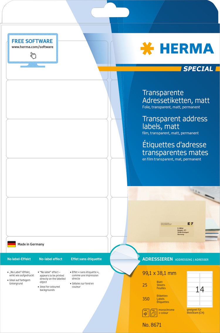 Thumbnail - HERMA Laser Adressetiketten 8671 haftend DIN A4 Transparent 99,1 x 38,1 mm 25 Blatt à 14 Etiketten