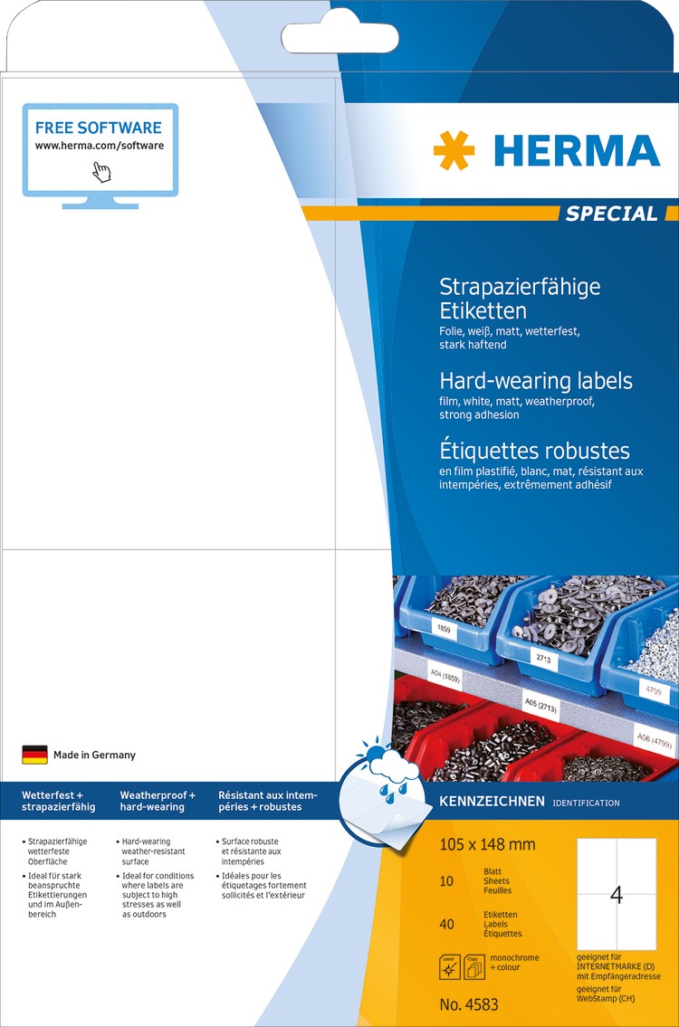 HERMA Wetterfeste Etiketten 4583 DIN A4 Weiß Rechteckig 105 x 148 mm 10 Blatt à 4 Etiketten