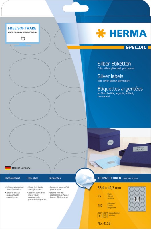 Thumbnail - HERMA Silberne Etiketten 4116 Oval DIN A4 58,4 x 42,3 mm 25 Blatt à 18 Etiketten