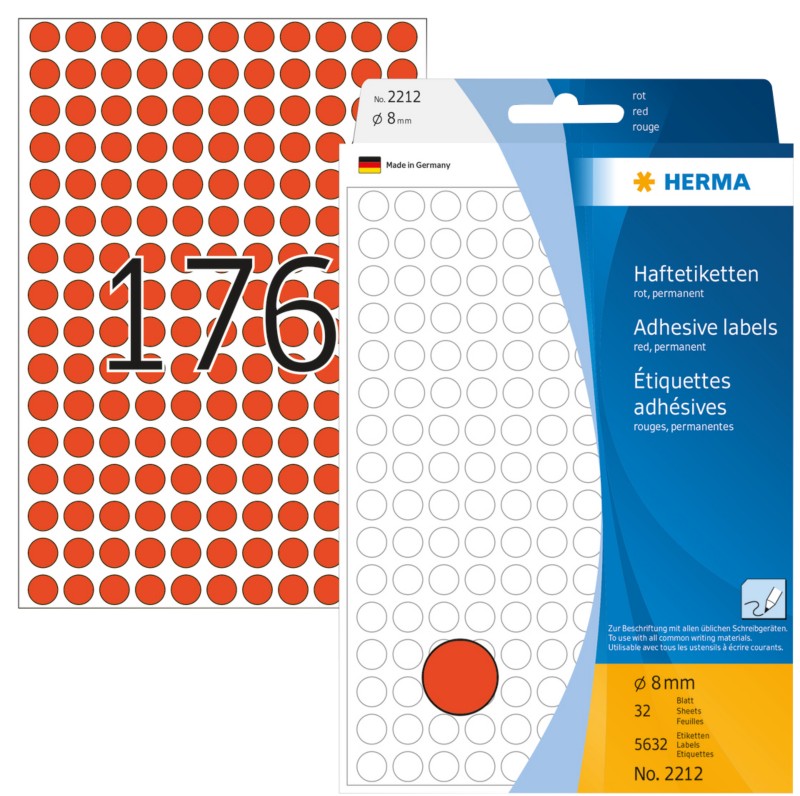 Thumbnail - HERMA Farbige Markierungspunkte 2212 Rot Rund Ø 8 mm 32 Blatt à 176 Etiketten