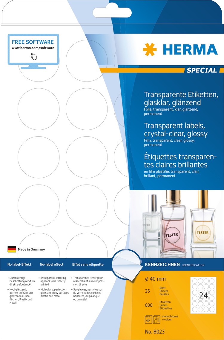 HERMA Klebeetiketten 8023 Transparent DIN A4 Rund Ø 40 mm 25 Blatt à 24 Etiketten