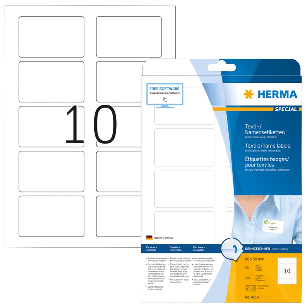 Thumbnail - HERMA Namensschilder 4514 Weiß Rechteckig 80 x 50 mm 20 Blatt à 10 Etiketten