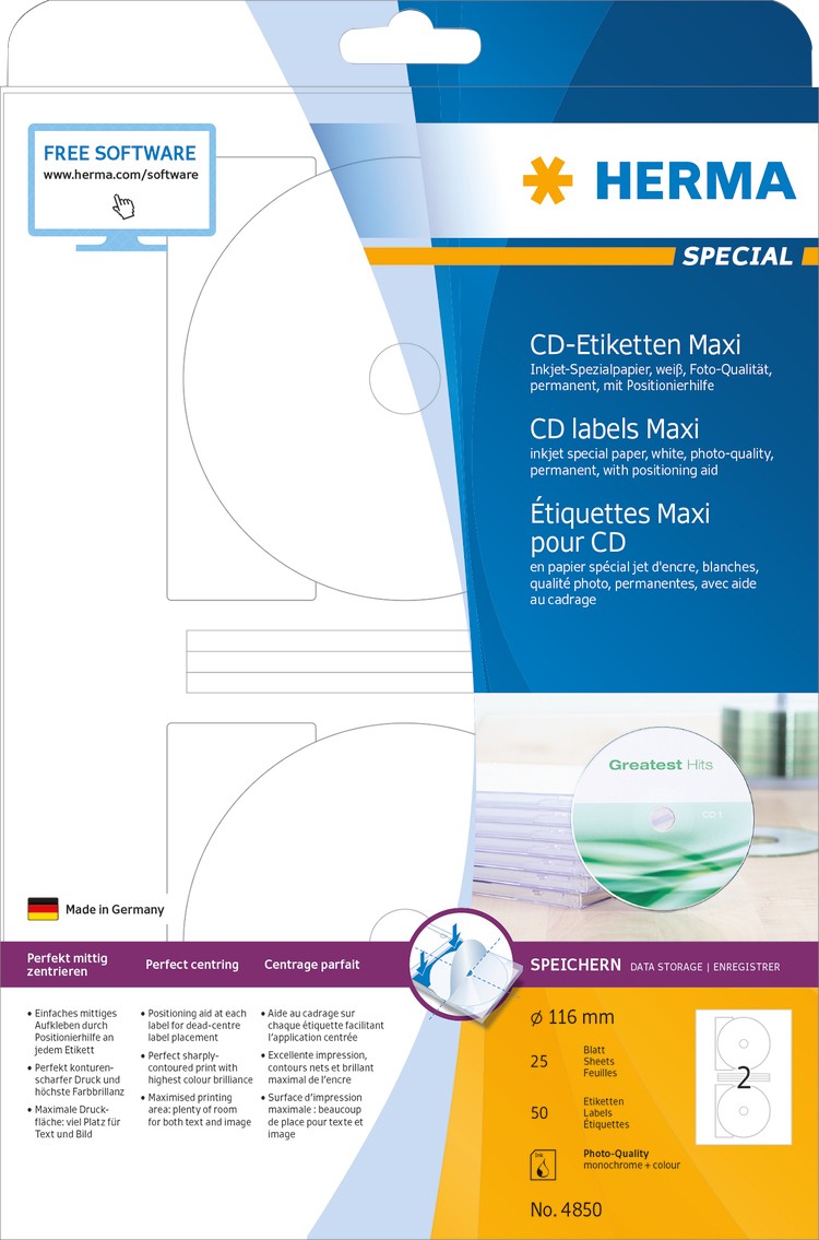 Thumbnail - HERMA CD/DVD Etiketten 4850 haftend Weiß 116 x 116 mm 25 Blatt à 2 Etiketten