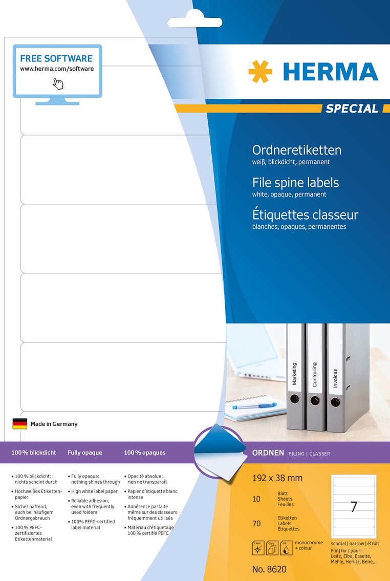 Thumbnail - HERMA Ordneretiketten 8620 Weiß DIN A4 192 x 38 mm 10 Blatt à 7 Etiketten