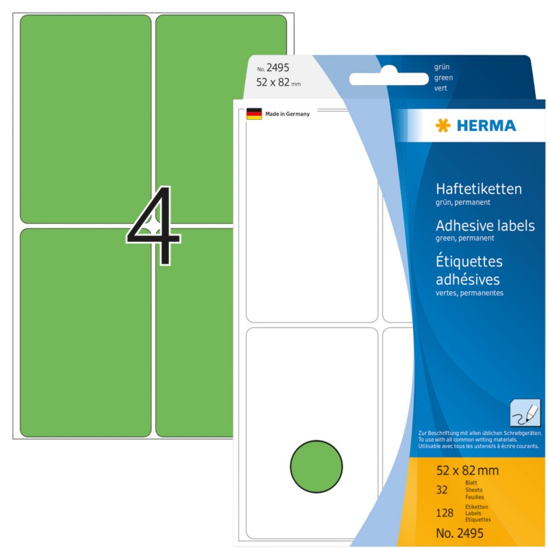 HERMA Mehrzwecketiketten 2495 Grün 52 x 82 mm Rechteckig 32 Blatt à 4 Etiketten