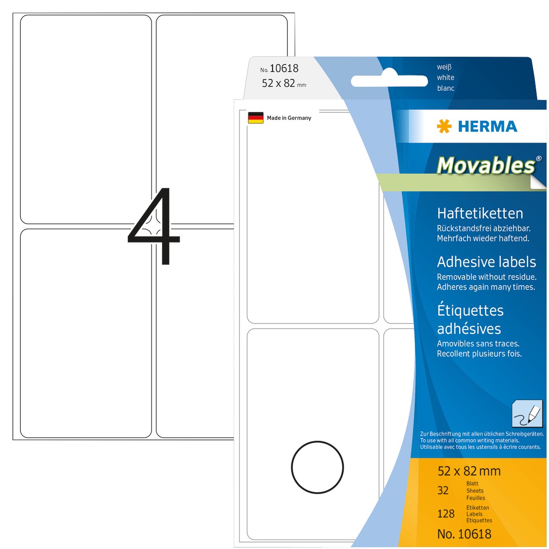 HERMA Mehrzwecketiketten 10618 Weiß Rechteckig 52 x 82 mm 32 Blatt à 4 Etiketten 1060850