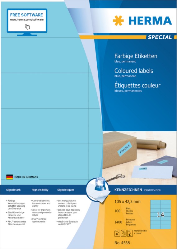 Thumbnail - HERMA Farbige Multifunktionsetiketten 4558 Blau Rechteckig 105 x 42 mm 100 Blatt à 14 Etiketten