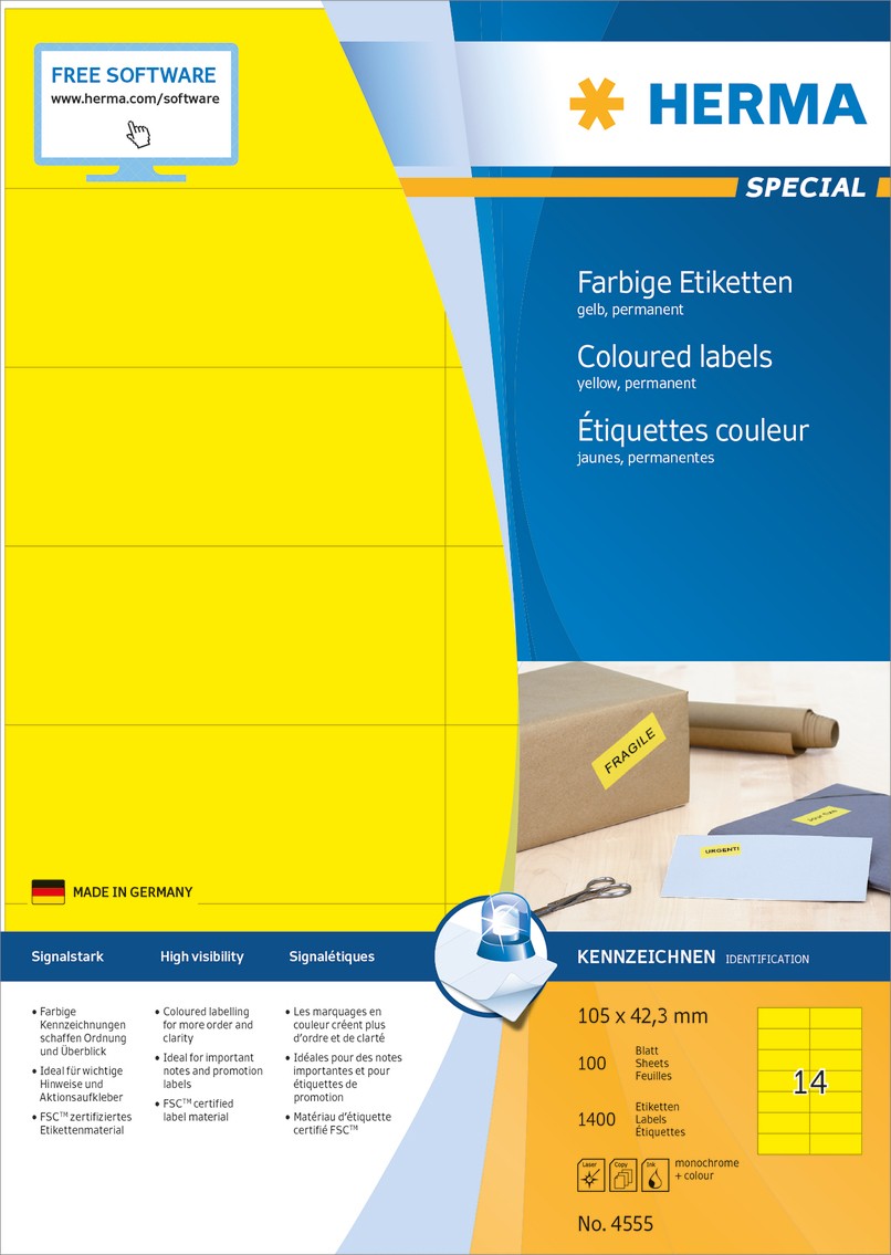 HERMA Multifunktionsetiketten 4555 Selbstklebend Gelb 10,5 x 4,2 cm 100 Blatt à 14 Etiketten 1060860