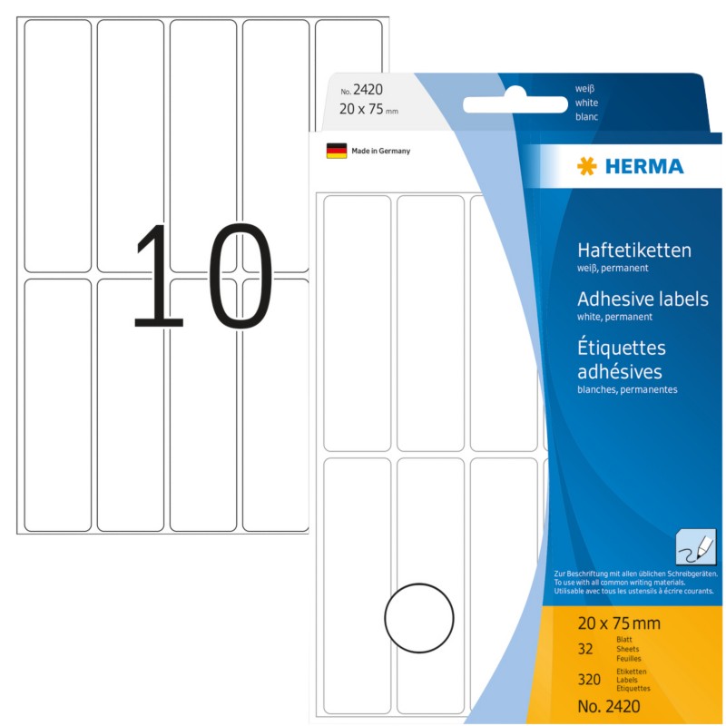 Thumbnail - HERMA Mehrzwecketiketten 2420 Weiß Rechteckig 20 x 75 mm 32 Blatt à 10 Etiketten