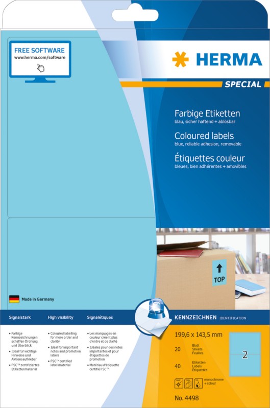 Thumbnail - HERMA Farbige Multifunktionsetiketten 4498 Blau Rechteckig 199,6 x 143,5 mm 20 Blatt à 2 Etiketten