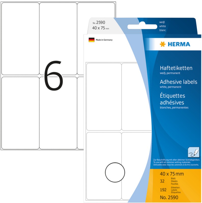 HERMA Mehrzwecketiketten 2590 Weiß Rechteckig 40 x 75 mm 32 Blatt à 6 Etiketten