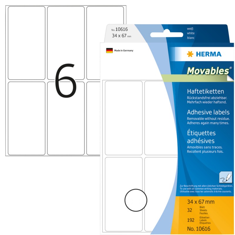 HERMA Mehrzwecketiketten 10616 Weiß Rechteckig 34 x 67 mm 32 Blatt à 6 Etiketten