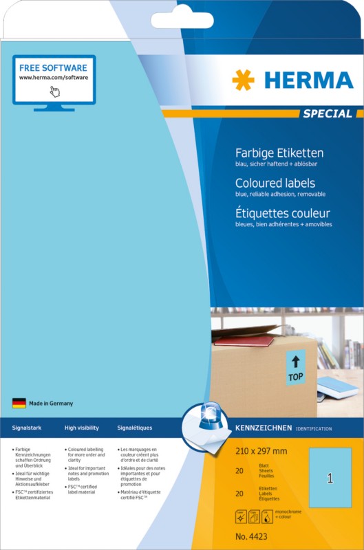 Thumbnail - HERMA Farbige Etiketten 4423 Blau Rechteckig 210 x 297 mm 20 Blatt à 14 Etiketten