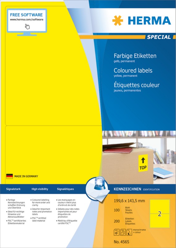 Thumbnail - HERMA Farbige Etiketten 4565 Gelb Rechteckig 199 x 143 mm 100 Blatt à 2 Etiketten
