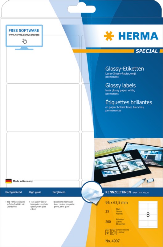 Thumbnail - HERMA Laser Etiketten 4907 Weiß Rechteckig 96 x 63,5 mm 25 Blatt à 8 Etiketten