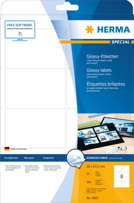 HERMA Laser Etiketten 4907 Weiß Rechteckig 96 x 63,5 mm 25 Blatt à 8 Etiketten