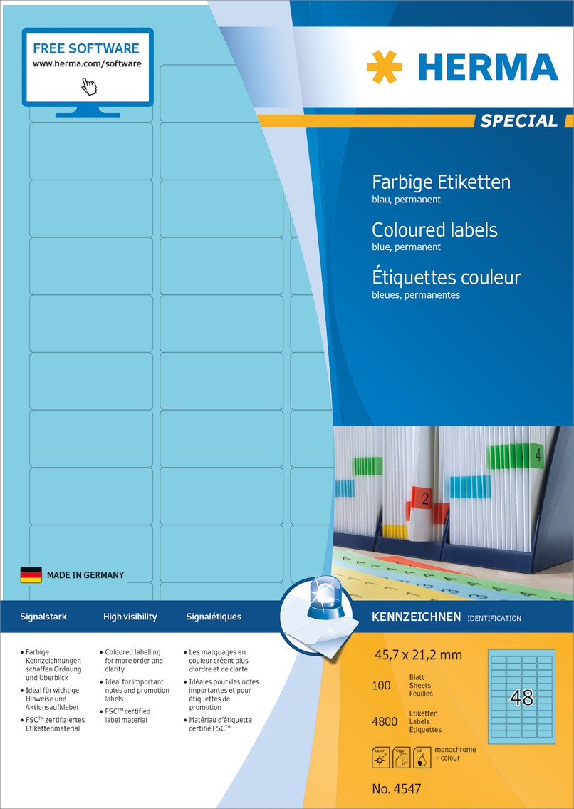 Thumbnail - HERMA Farbige Multifunktionsetiketten 4547 Blau Rechteckig 45 x 21 mm 100 Blatt à 48 Etiketten