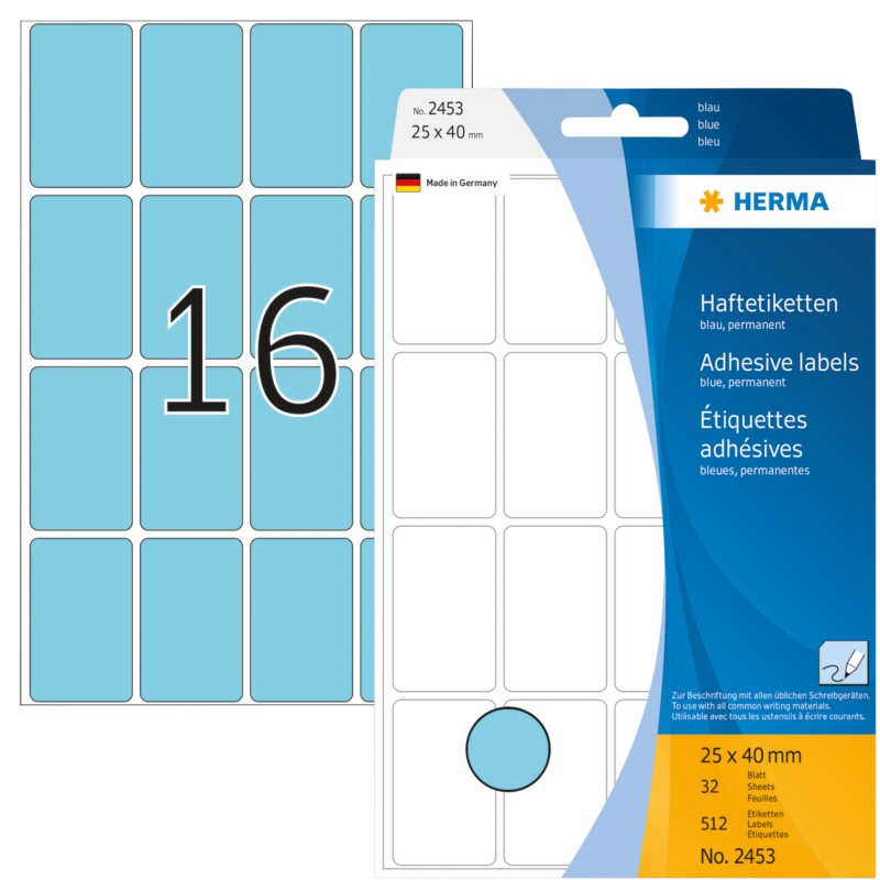 Thumbnail - HERMA Mulrifunktionsetiketten 2453 Blau Rechteckig 25 x 40 mm 32 Blatt à 16 Etiketten