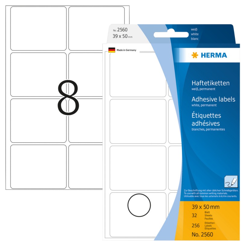 Thumbnail - HERMA Mehrzwecketiketten 2560 Weiß Rechteckig 39 x 50 mm 32 Blatt à 8 Etiketten