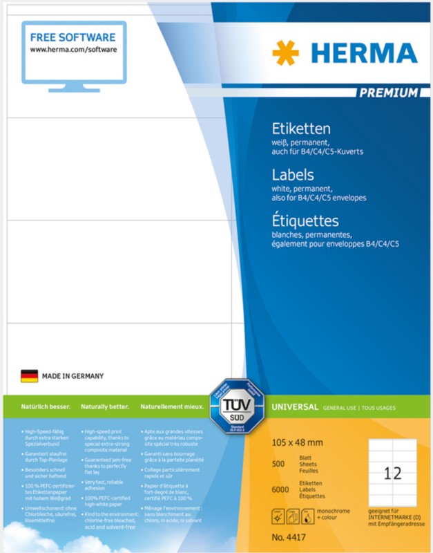 HERMA Adressetiketten 4417 Weiß Rechteckig 105 x 48 mm 500 Blatt à 14 Etiketten