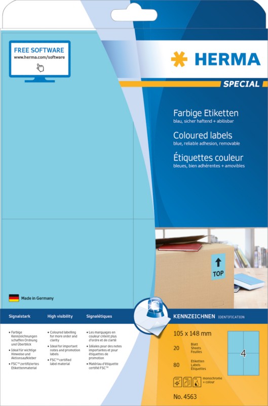 Thumbnail - HERMA Farbige Multifunktionsetiketten 4563 Blau Rechteckig 105 x 148 mm 20 Blatt à 4 Etiketten