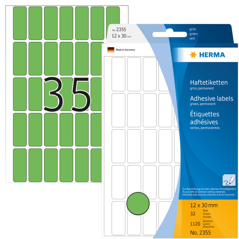 HERMA Mehrzwecketiketten 2355 Grün 12 x 30 mm Rechteckig 32 Blatt à 35 Etiketten