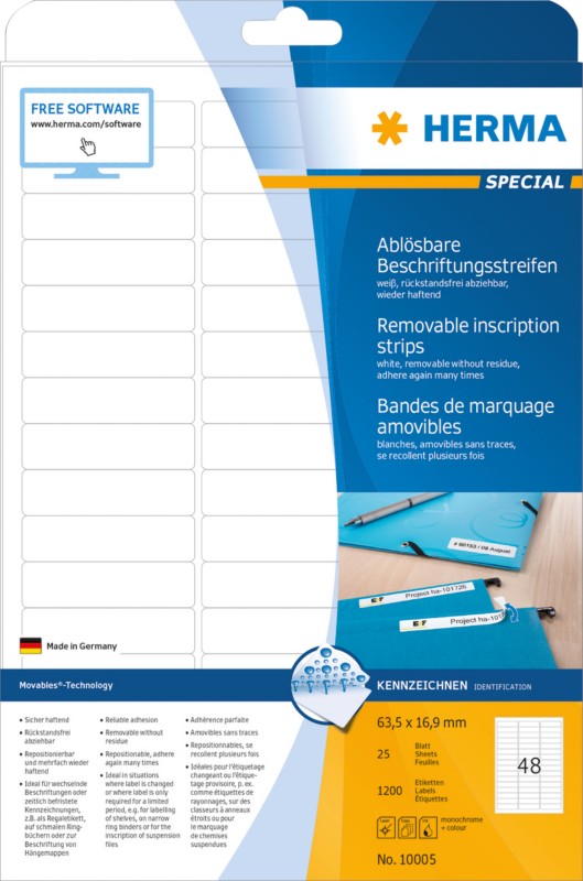 Thumbnail - HERMA Wiederablösbare Etiketten 10005 Weiß Rechteckig 63 x 16 mm 25 Blatt à 56 Etiketten