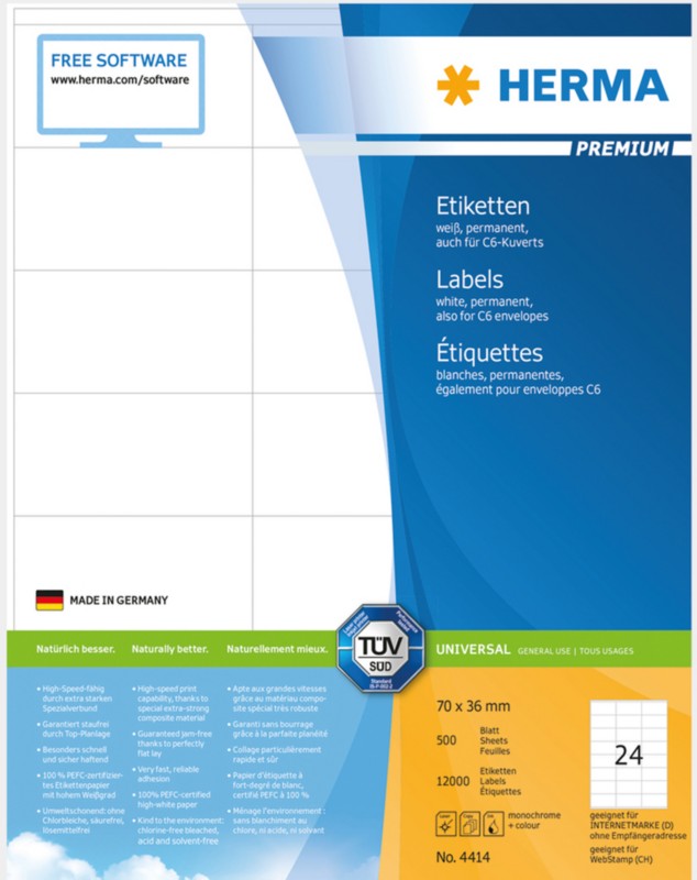 HERMA Universaletiketten 4414 Selbstklebend Weiß 7 x 3,6 cm 500 Blatt à 24 Etiketten 1061003
