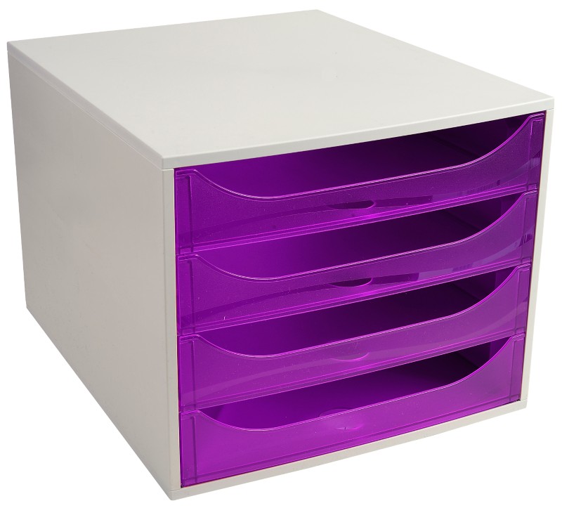 Exacompta Schubladenbox mit 4 Schubladen Big Box Kunststoff Hellgrau, Lila 28,4 x 34,8 x 23,4 cm