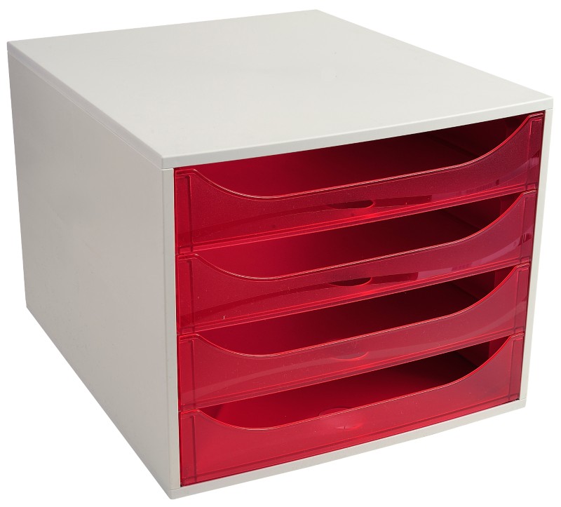 Exacompta Schubladenbox mit 4 Schubladen Big Box Kunststoff Hellgrau, Rot 28,4 x 34,8 x 23,4 cm