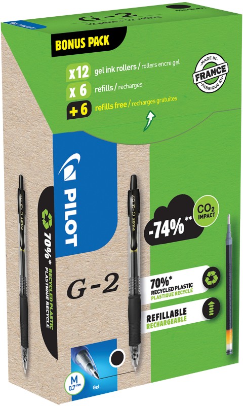 Pilot Rollerball Pen 0.32 mm G2 Black Pack of 12 Pens and 12 Refills