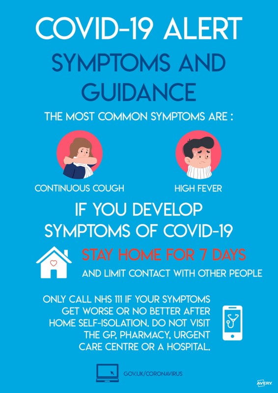 Avery COVID-19/ Coronavirus Symptoms Label Sign Removable Self-Adhesive 297 x 420mm Blue 2 x A3