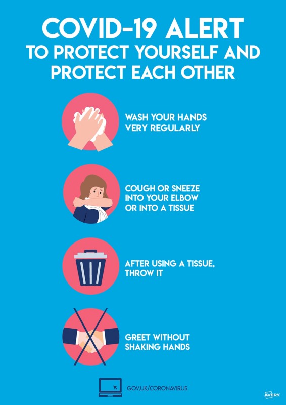 Avery COVID-19/Coronavirus Prevention Label Sign Removable Self-Adhesive 297 x 420mm Blue 2 x A3