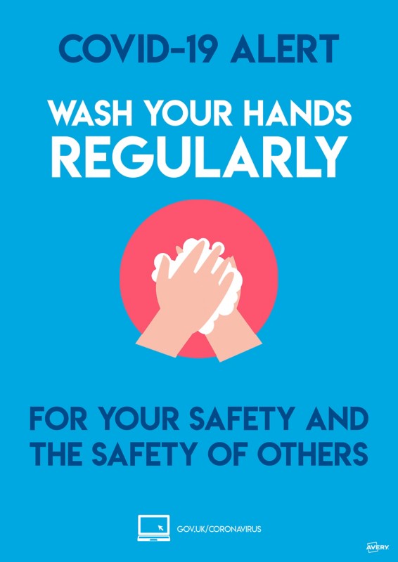 Avery COVID/Coronavirus Wash Your Hands Label Sign Removable Self-Adhesive 210 x 297mm Blue 2 x A4