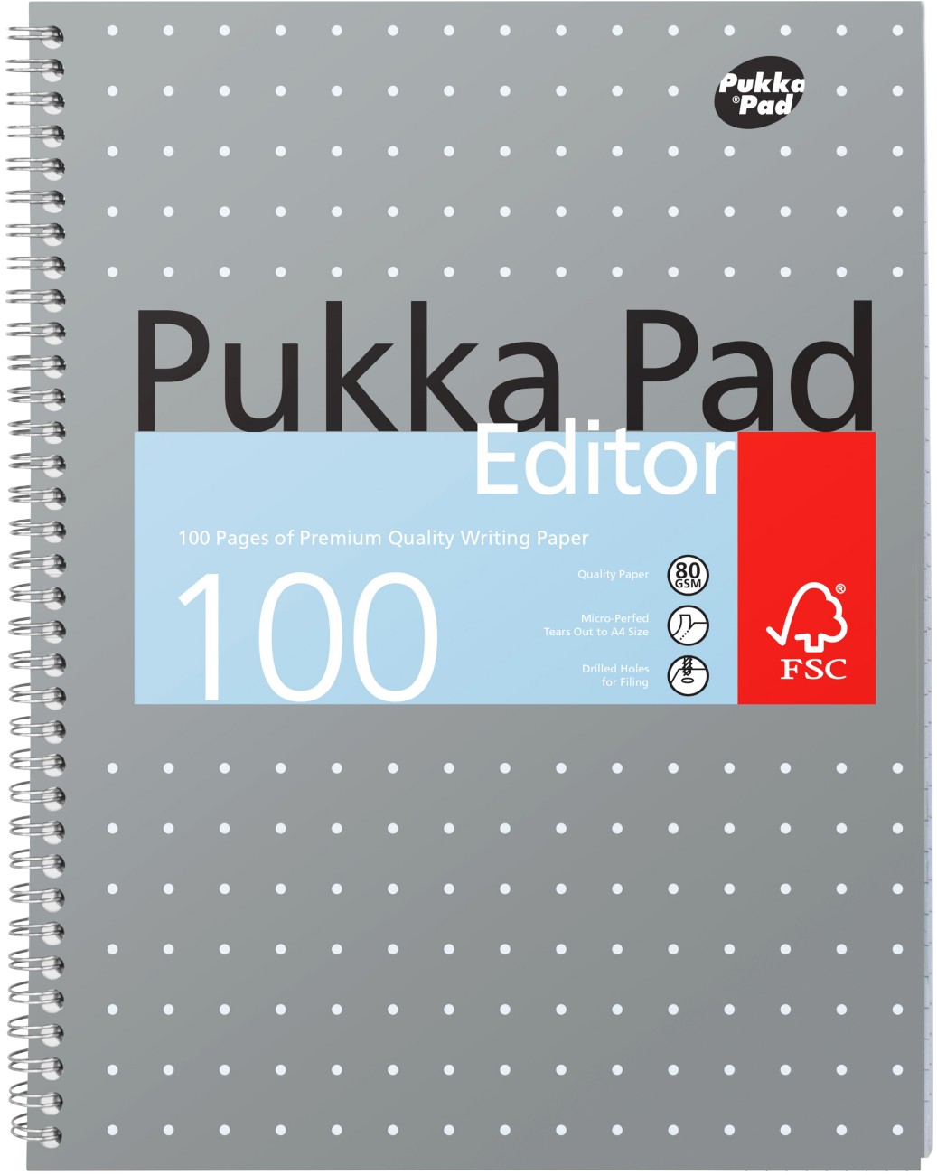 Pukka Pad Notebook Metallic Editor A4+ Ruled Spiral Bound Cardboard Hardback Grey Perforated 100 Pages Pack Of 3