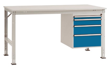 Manuflex Stationär Complete Arbeitstisch UNIVERSAL Basic Melamin, Stahl Standard Brillantblau 1.500 x 800 mm