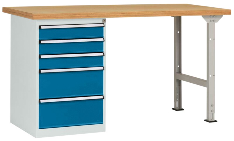 Manuflex Werkbanksystem Combi 7 Buchenholz, Stahl Lichtgrau, Brillantblau 2.000 x 700 x 840 mm