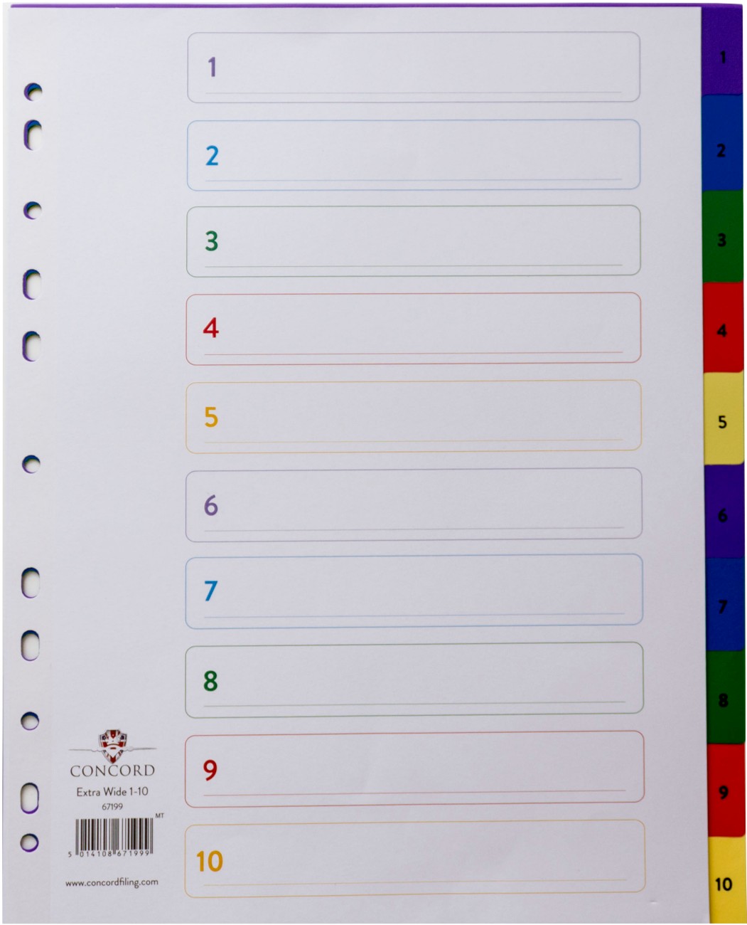Concord 1 To 10 Numerical Dividers A4+ Assorted 10 Part Pp (Polypropylene) 11 Holes Pack Of 10