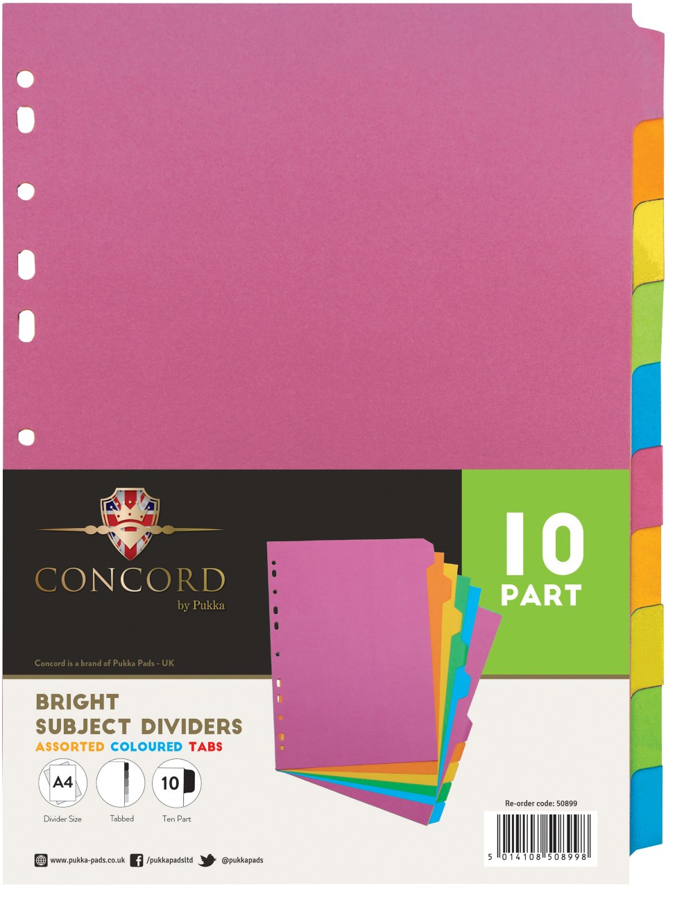 Concord Blank Dividers A4 Assorted 10 Part 160 Gsm Cardboard 11 Holes 10 Sheets Pack Of 10