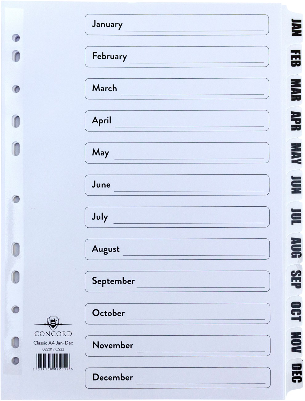 Concord Classic Jan - Dec Alphabetical Dividers A4 White 12 Part Cardboard 11 Holes