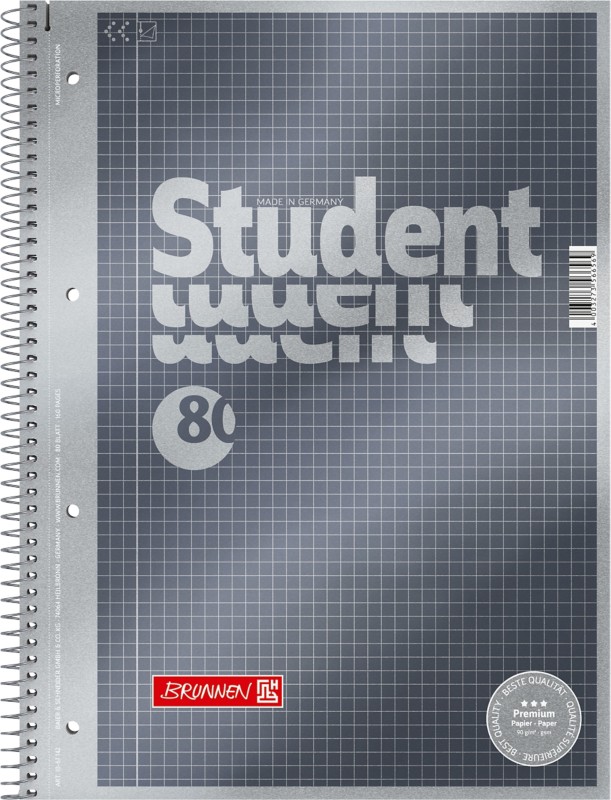 BRUNNEN Student Premium Collegeblock DIN A4 Kariert Spiralbindung Pappkarton Anthrazit-Metallic Perforiert 160 Seiten 80...