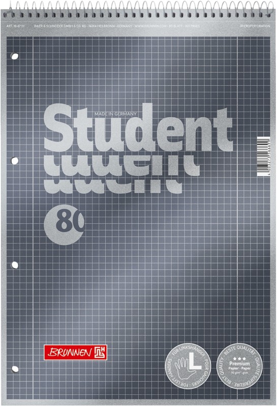 BRUNNEN Student Premium Collegeblock DIN A4 Kariert Spiralbindung Pappkarton Anthrazit Metallic Perforiert 160 Seiten 80...