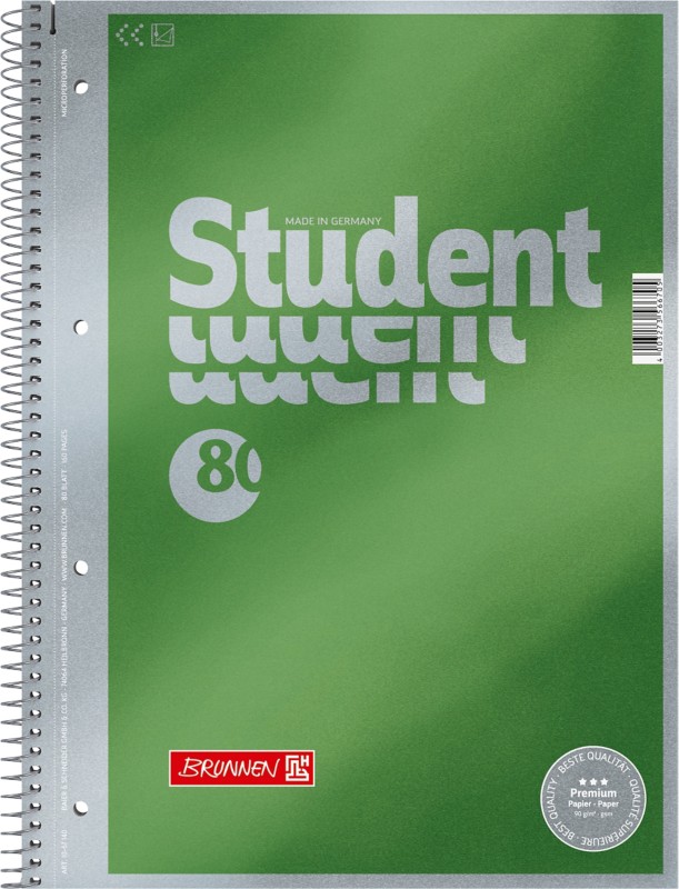 BRUNNEN Student Premium Collegeblock DIN A4 Blanko Spiralbindung Pappkarton Grün Perforiert 160 Seiten 80 Blatt