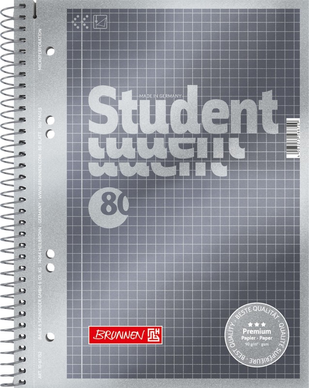 BRUNNEN Student Premium Notizbuch DIN A5 Kariert Spiralbindung Pappkarton Anthrazit-Metallic Perforiert 160 Seiten 80 Bl...